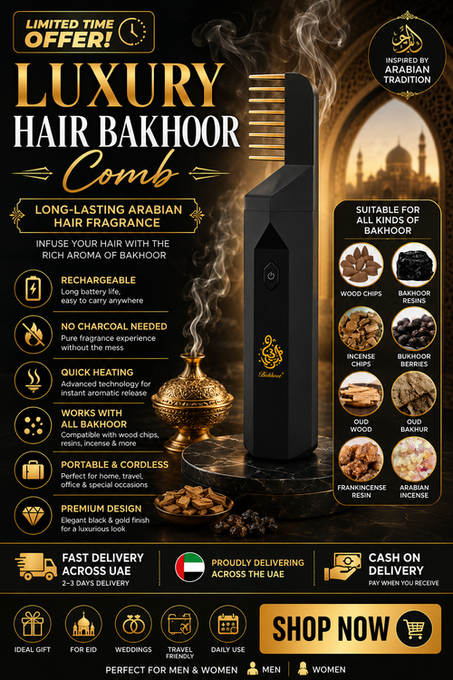 Luxury Electric Hair Bakhoor Comb – Portable Rechargeable Incense Hair Perfume Burner | Black & Gold